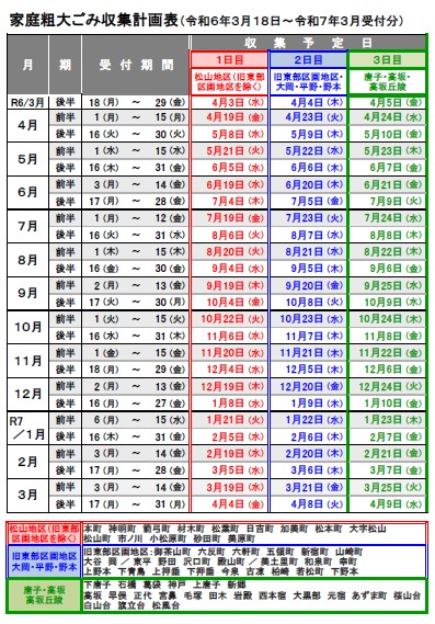 令和6年度家庭粗大ごみ収集計画表