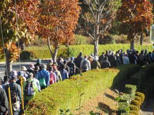 紅葉の歩道を歩く